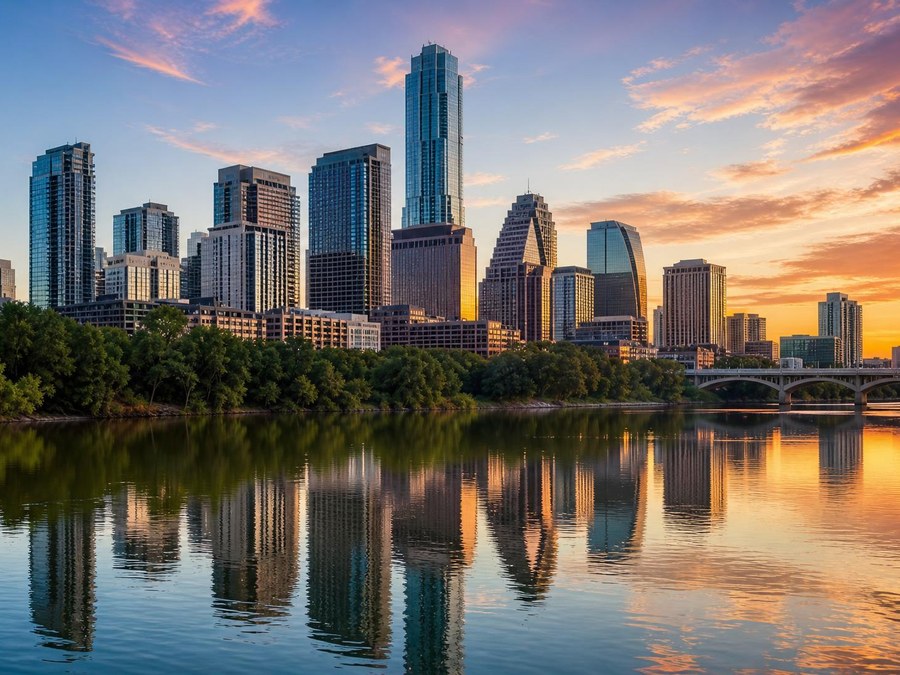 The Austin, Texas skyline at sunset reflected in Lady Bird Lake, with the Congress Avenue Bridge and downtown towers